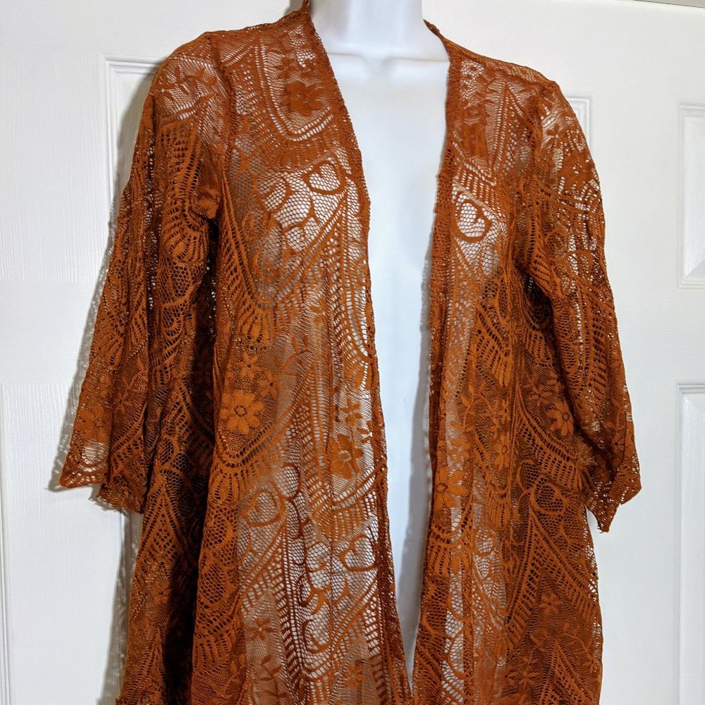 Brown Lace Open Front Crochet Size Med Fall